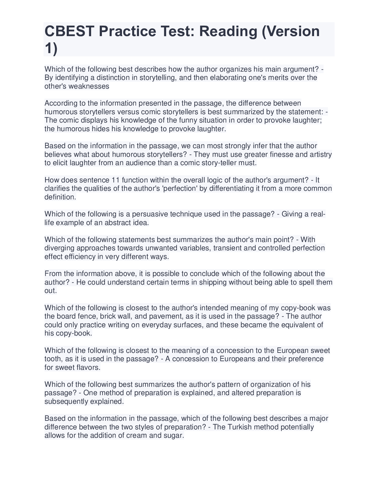 Preview image of CBEST Practice Test: Reading (Version 1) document